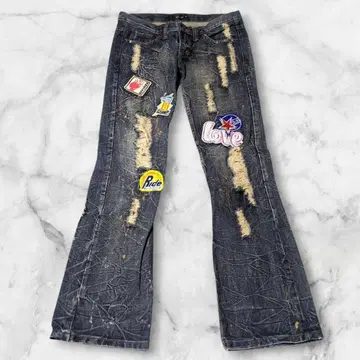 Y2K/00s/부츠컷 데님/데미지/자수/페인트/페이드/W34