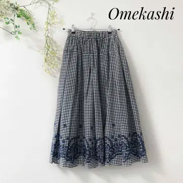 Omekashi 오메카시 플레어 스커트 깅엄 체크 꽃무늬 자수 면100