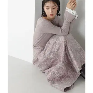 NBB 로제트 리프 자카드 스커트 로즈 브라운 플레어 롱 핑크