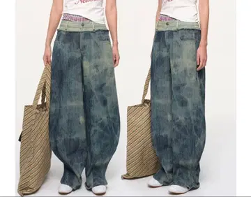 Oinkoink 더블 허리 프린지 블리치 데님 캐주얼 팬츠