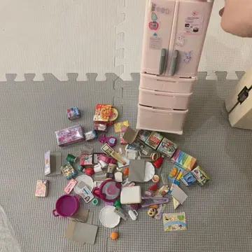 미니어처 냉장고와 식품 세트