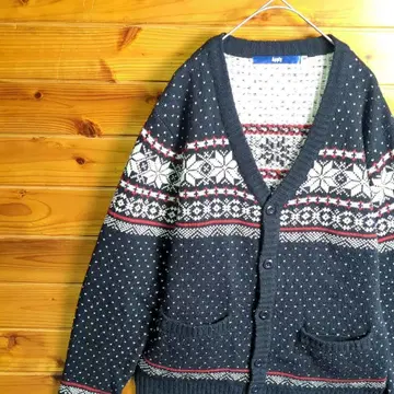 가디건 M 네이비 노르딕 무늬 페어아일 패턴 기하학 패턴 도트 하트