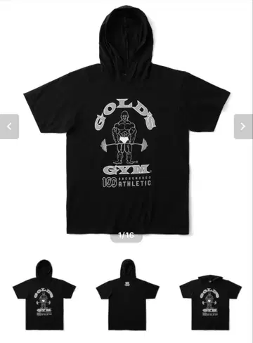 100 애슬레틱 GOLD'S GYM 콜라보 후드 부착 T셔츠 L 블랙