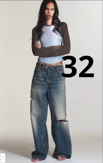 ZARA TRF 접이식 허리 미드 라이즈 데님 팬츠 32