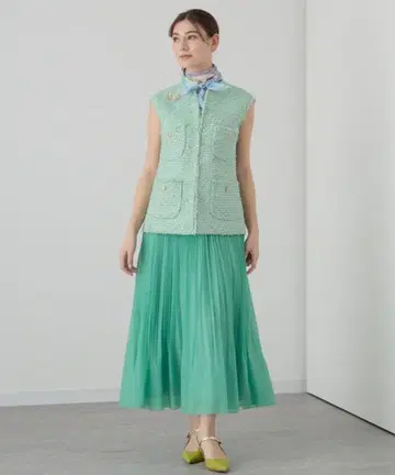 ANAYI 스팬 오간자 플리츠 스커트 사이드 지퍼