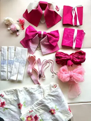 핑크 꽃무늬 유카타 오비 세트