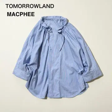 새상품급 맥피 코튼 브로드 프릴 칼라 블라우스 스트라이프 블루