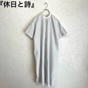 [휴일과 시] 스트라이프 패턴 반팔 셔츠 원피스 밴드 카라 셔츠 원피스