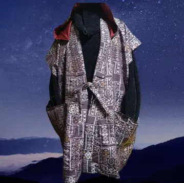 기모노 리메이크 기하학 패턴 후드 부착 겉옷 일본풍 코트 포켓 부착