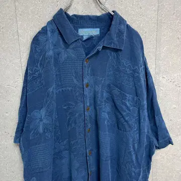 버뮤다 베이 실크 100% 아로하 셔츠 오픈 카라 블루 반팔 2XL