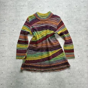 빈티지 니트 원피스 손뜨개질풍 멀티 보더 레트로 y2k
