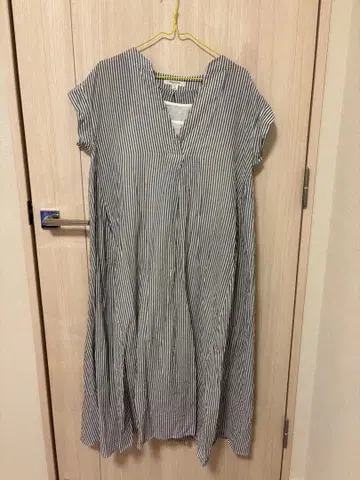 프릭스스토어 인도 면 스트라이프 프렌치 슬리브 원피스 그레이