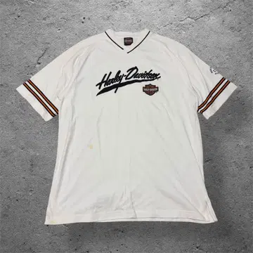 00s 할리데이비슨 게임T V넥 자수 로고 화이트 Y2K 구제 의류