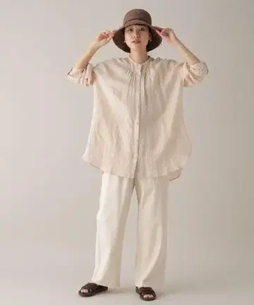 내추럴 바이 클립 린넨 100% 긴팔 밴드 카라 튜닉 블라우스