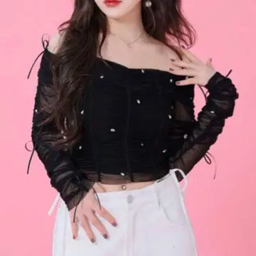 M me eme 사이드 리본 비쥬 오프숄더 시어 탑 M me eme