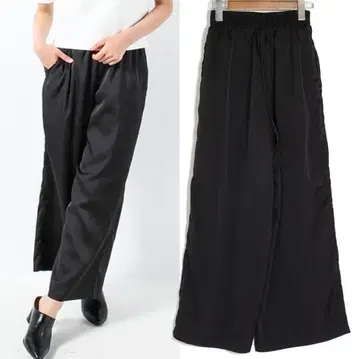 무루아 새틴 와이드 팬츠 캐주얼 팬츠 이지 팬츠 광택 블랙