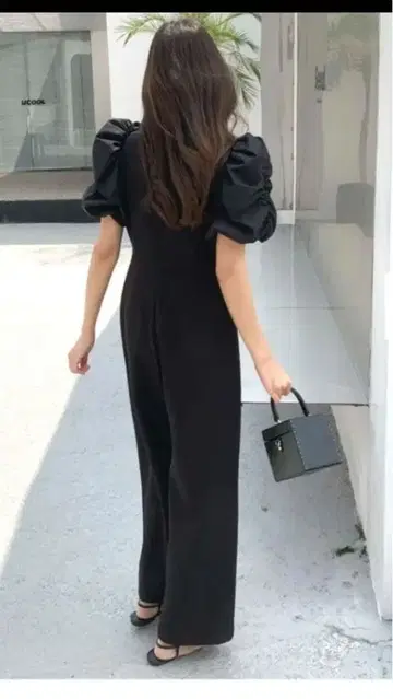 블랙 퍼프 슬리브 롱 드레스 팬츠