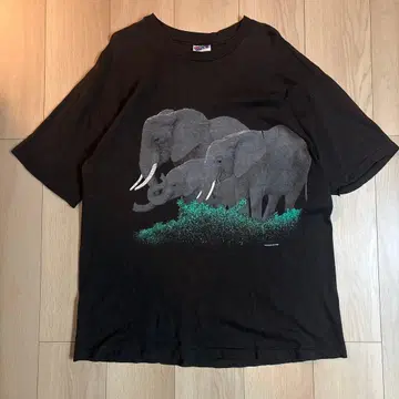 80s 빈티지 티셔츠 코끼리 애니멀 블랙 XL 싱글 스티치