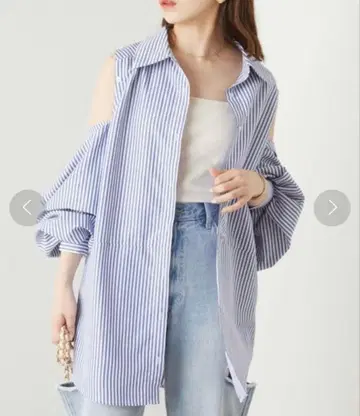 C hico 오프숄더 블루 화이트 스트라이프 셔츠