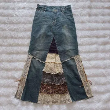 데님 롱 스커트 패치워크 크로 셰 뜨개질 레이스업 헤이세이 y2k 00s