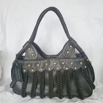 고급 가죽 가방 골드 스터드 짜임 디자인 브라운 천연 가죽 숄더