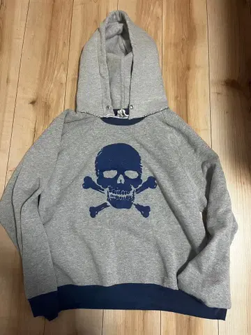 70s 투톤 후가공 후드티 스컬 프린트 빈티지 그레이 네이비
