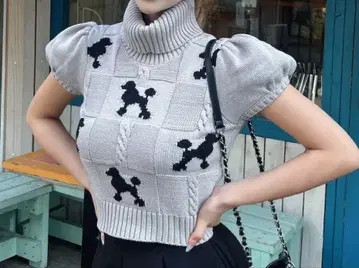푸들 패턴 터틀넥 반팔 니트