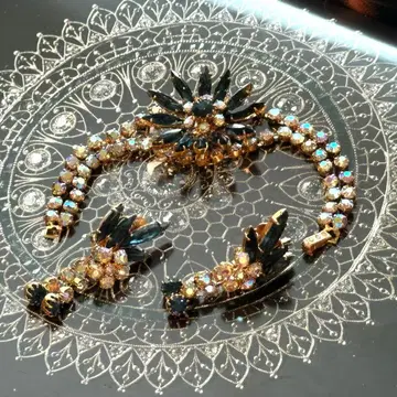 빈티지 체코 비즈 팔찌 귀찌 세트 블루 오로라