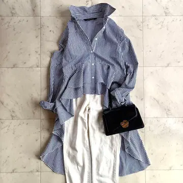 새상품급 자라 ZARA 스트라이프 피쉬테일 셔츠 M 상당 블루 x 화이트