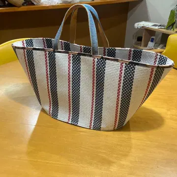 스트라이프 디자인 면 바스켓백, 천연 가죽 손잡이