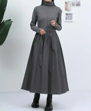 택 포함 하이넥 절개 롱 원피스 그레이 다크 그레이