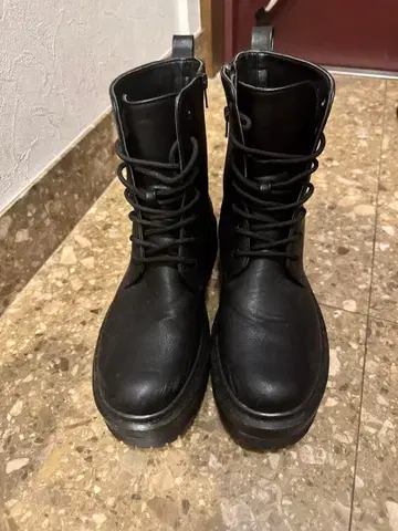 MONO-MART 블랙 클리어 하이 밑창 레이스업 사이드 지퍼 부츠