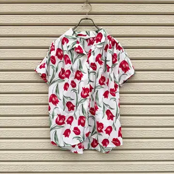 레트로 구제 의류 튤립 패턴 올 패턴 블라우스