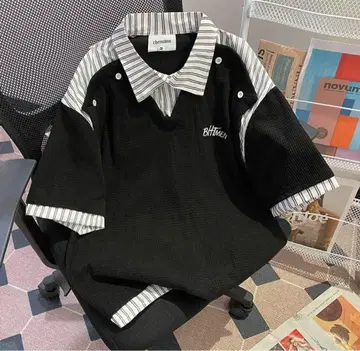 셔츠 카라 부착 와플 원단 절개 디자인 남성용 반팔 T 셔츠