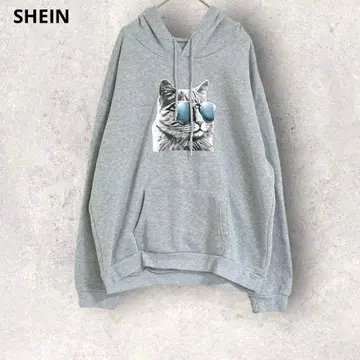 SHEIN 쉬인 고양이 프린트 후드 부착 후드티 긴팔 그레이 속기모 XL