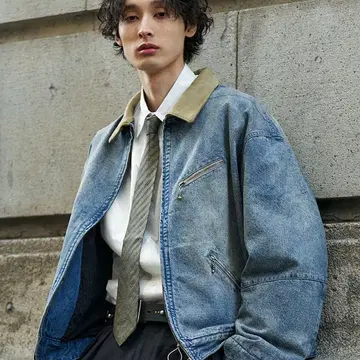 bleme 빈티지 스타일 옷깃 절개 집업 데님 자켓