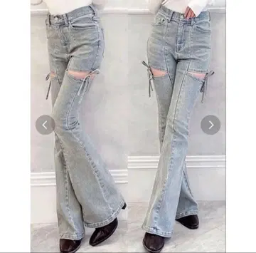 RESEXXY 컷 아웃 리본 데님 팬츠 아이스 블루