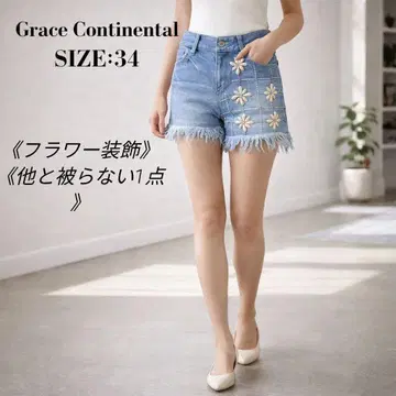 그레이스 콘티넨탈 플라워 장식 데님 숏팬츠 펄 비쥬