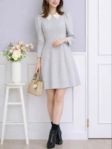 미사용 택 포함 미슈마슈 레이스 옷깃 미니 트위드 원피스 그레이 M