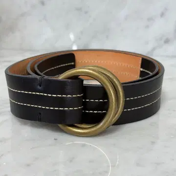 띠어리 벨트 천연 가죽 블랙 스티치 더블 링