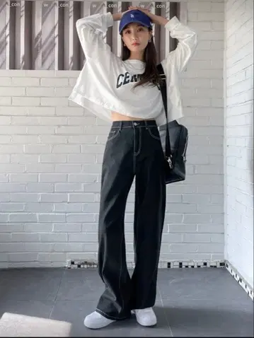 SHIEN DAZY 하이웨스트 스티치 와이드 레그 청바지