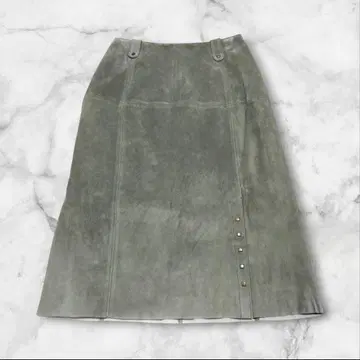 [레어] 파브릴 피그 레더 레더 스커트 라이트 그린 슬릿 버튼