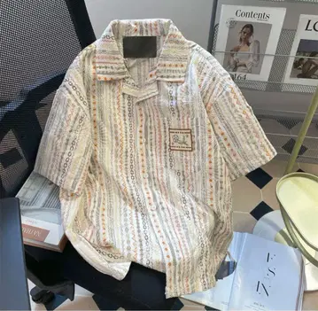 남성용 반팔 셔츠 에스닉 패턴 오픈 카라 오버 사이즈 프리 사이즈