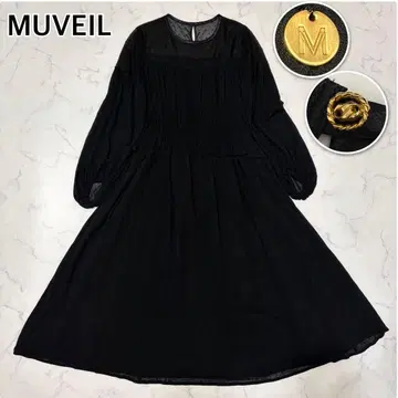 MUVEIL 시어 도트 절개 롱 원피스 맥시 길이 개더 블랙 M