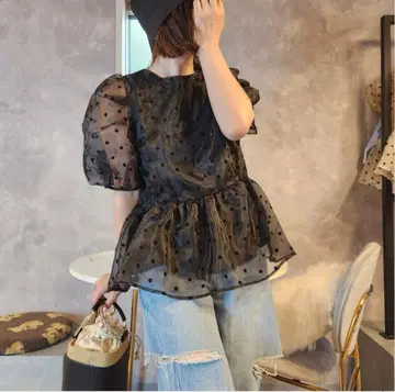 볼륨 소매 도트 튤 레이어드 상의