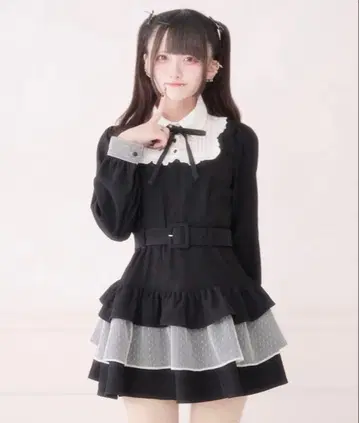 파루엘피 리본 포함 도트 튤 티어드 원피스 블랙