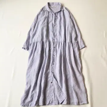 [새상품급] 이치앤티크 린넨100% 롱 기장 셔츠 원피스 연보라