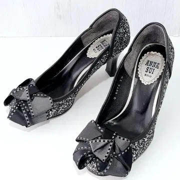 ANNA SUI 안나수이 펌프스 22.5cm 블랙 라메 글리터 리본