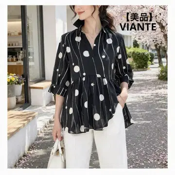 VIANTE 튜닉 원피스 블랙 도트 면 100% 자수 7부 소매 루즈핏