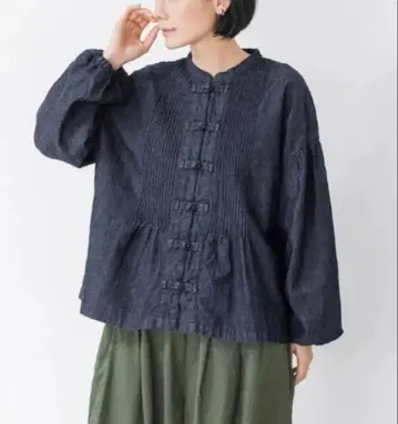 dgy 코튼 린넨 데님 차이나 버튼 블라우스